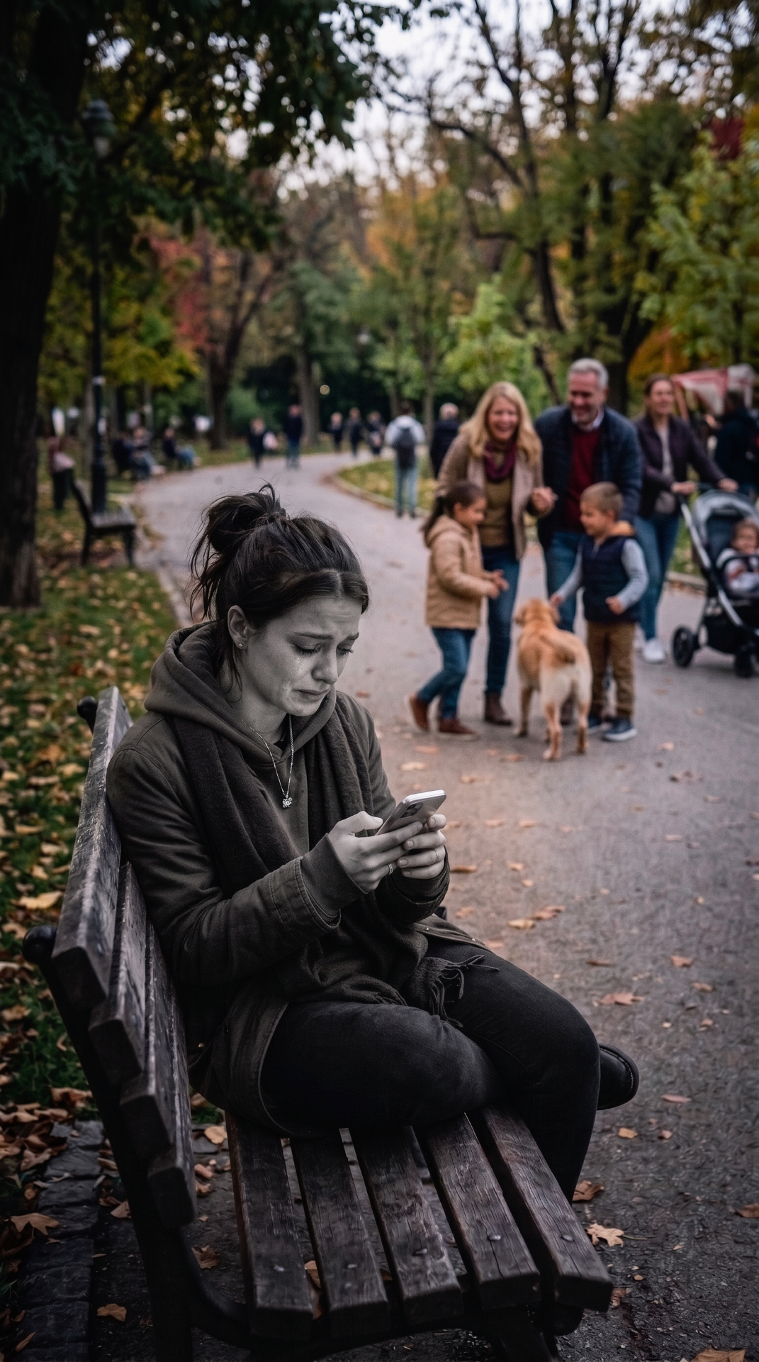 Pessoa isolada e triste olhando o celular enquanto a vida acontece ao redor
